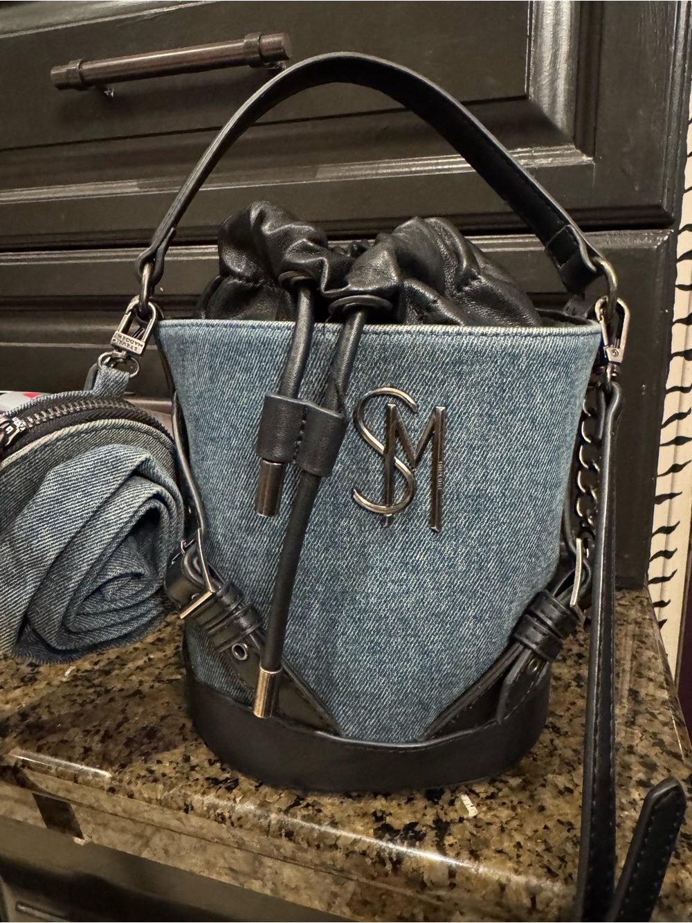 Rare Steve Madden Denim & Black Calfskin Bucket Bag - Women's Shoulder Bag